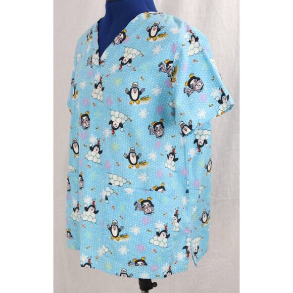 Allheart Scrub Top Women's M Blue Winter Penguin Snow Print VTG Medical Pockets - Picture 2 of 9
